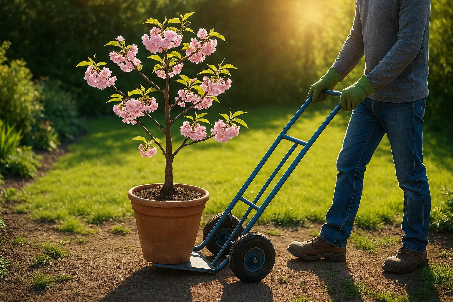 A person in gloves pushes a cart with a potted cherry blossom tree in a sunny garden, surrounded by lush greenery.