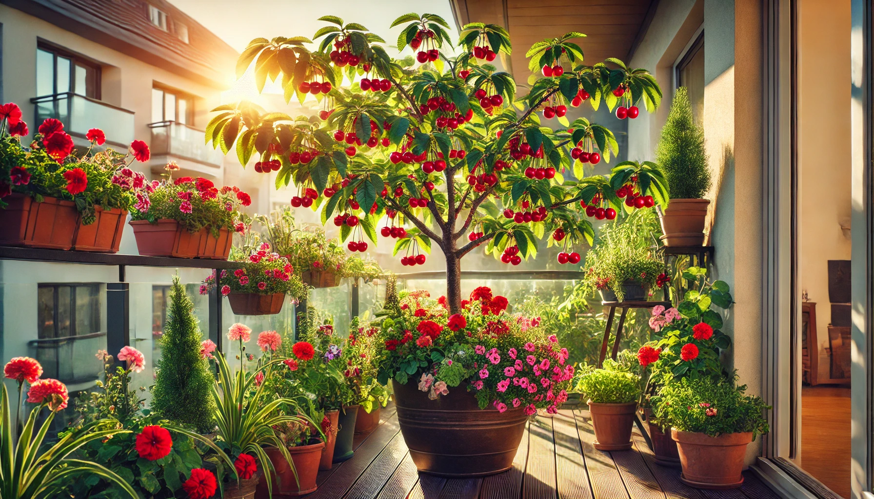 A vibrant balcony garden features a cherry tree laden with fruit, surrounded by colorful flowers in potted plants, basking in sunlight.