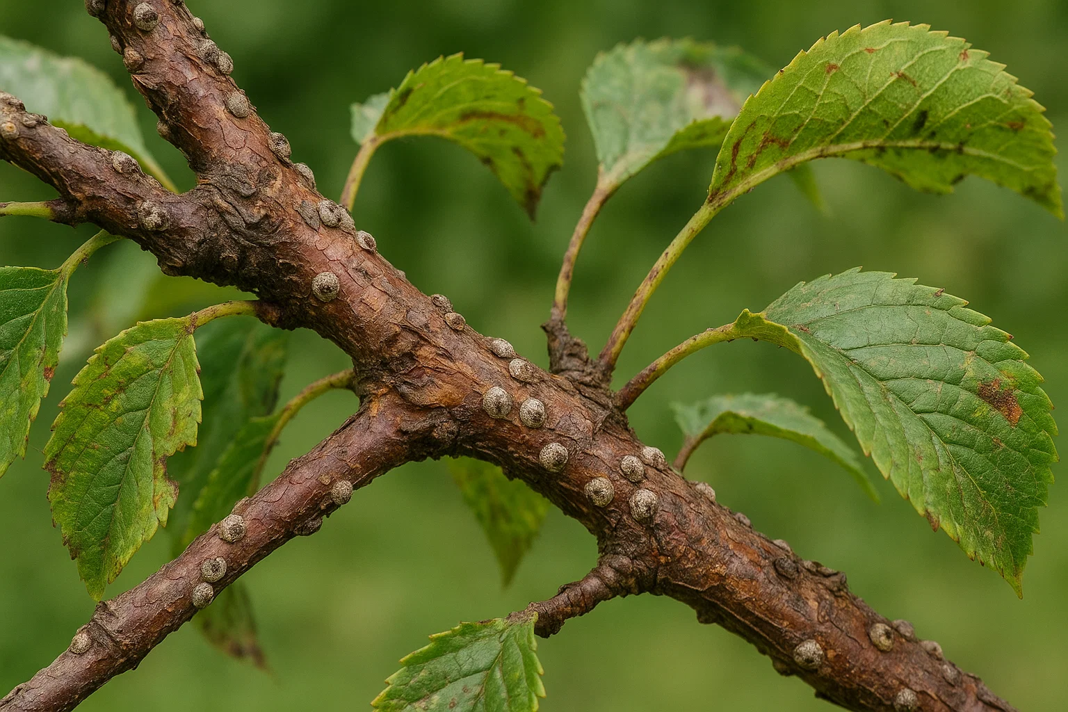 A close-up of a brown tree branch covered with round, grayish growths and green leaves against a blurred green background.