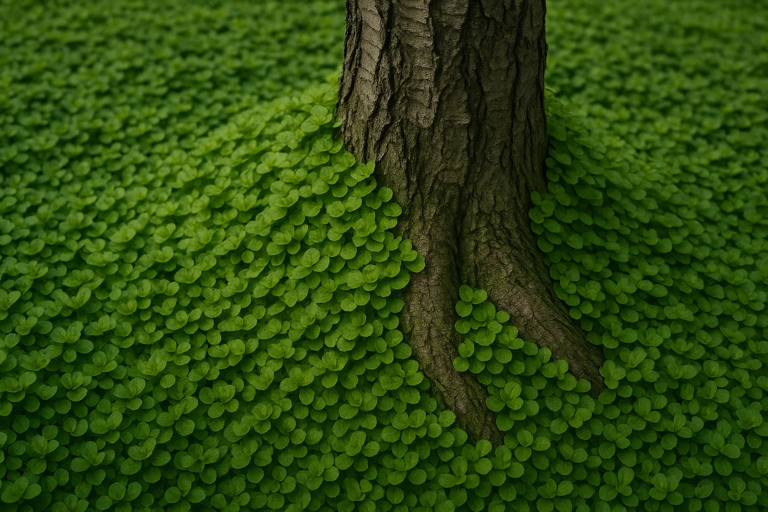 Close-up of a tree trunk surrounded by a lush blanket of small green leaves, creating a vibrant natural scene.