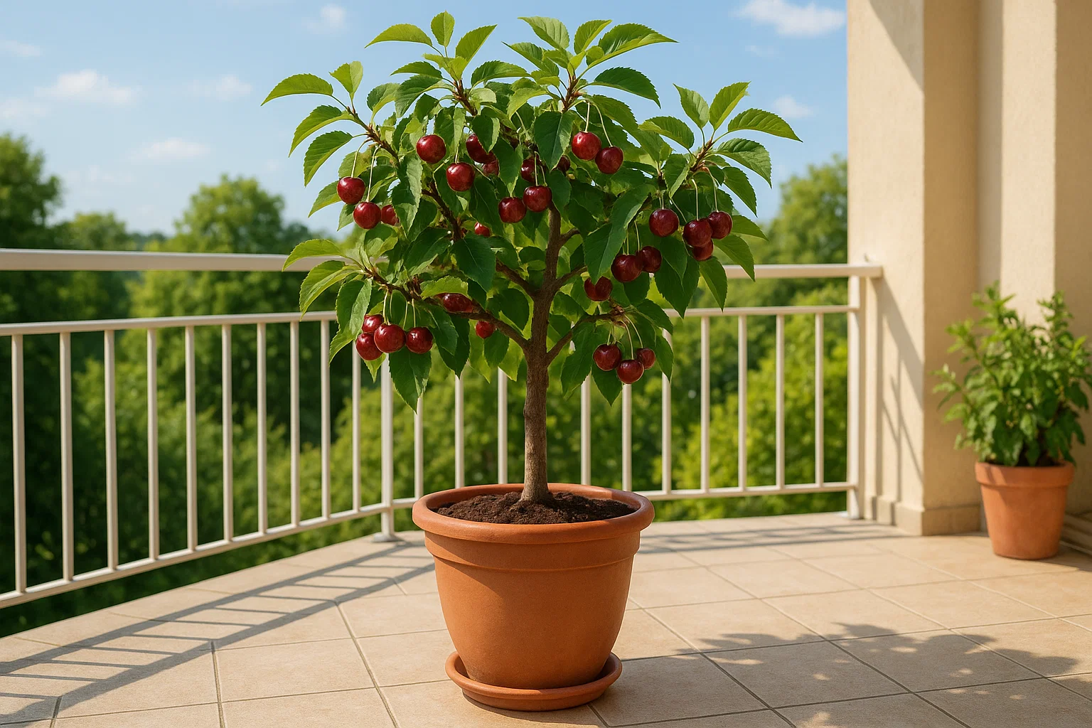 A potted cherry tree with ripe red cherries stands on a sunny balcony overlooking a lush green landscape.