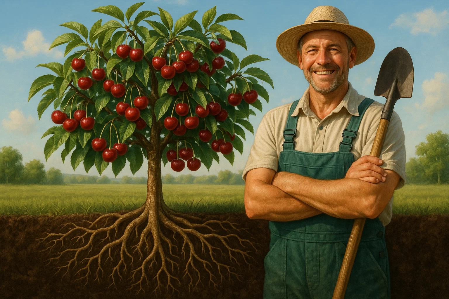 A farmer stands confidently with a shovel beside a lush cherry tree, showcasing its vibrant fruit and extensive root system.