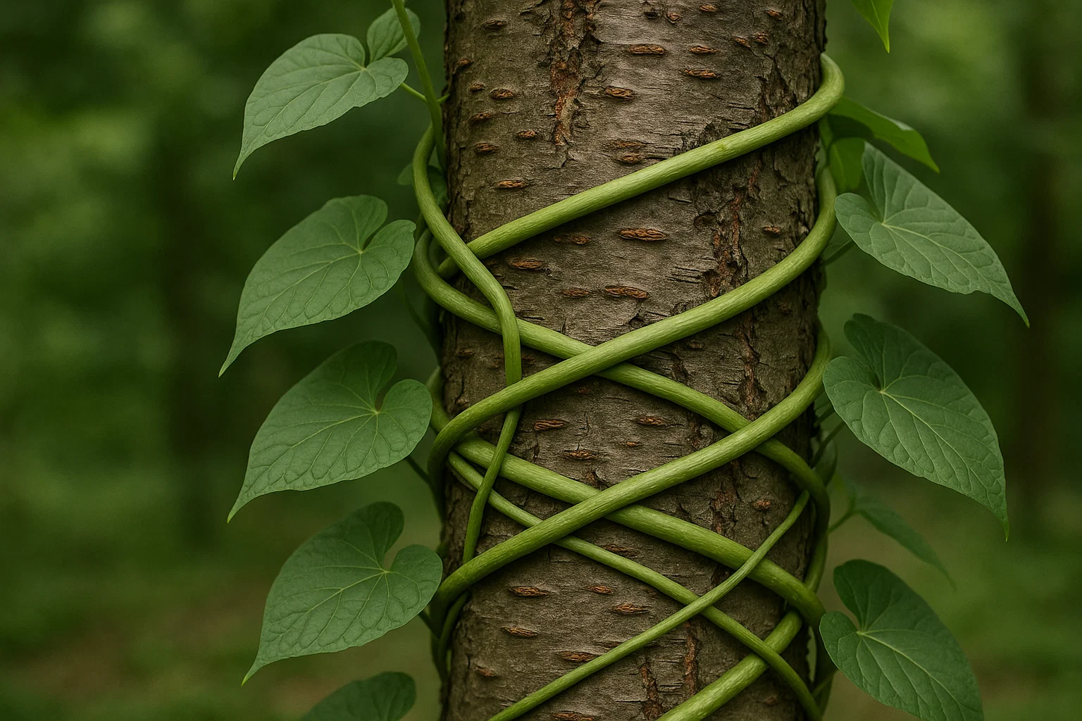 A lush green vine spirals around a textured tree trunk, adorned with heart-shaped leaves against a blurred forest backdrop.