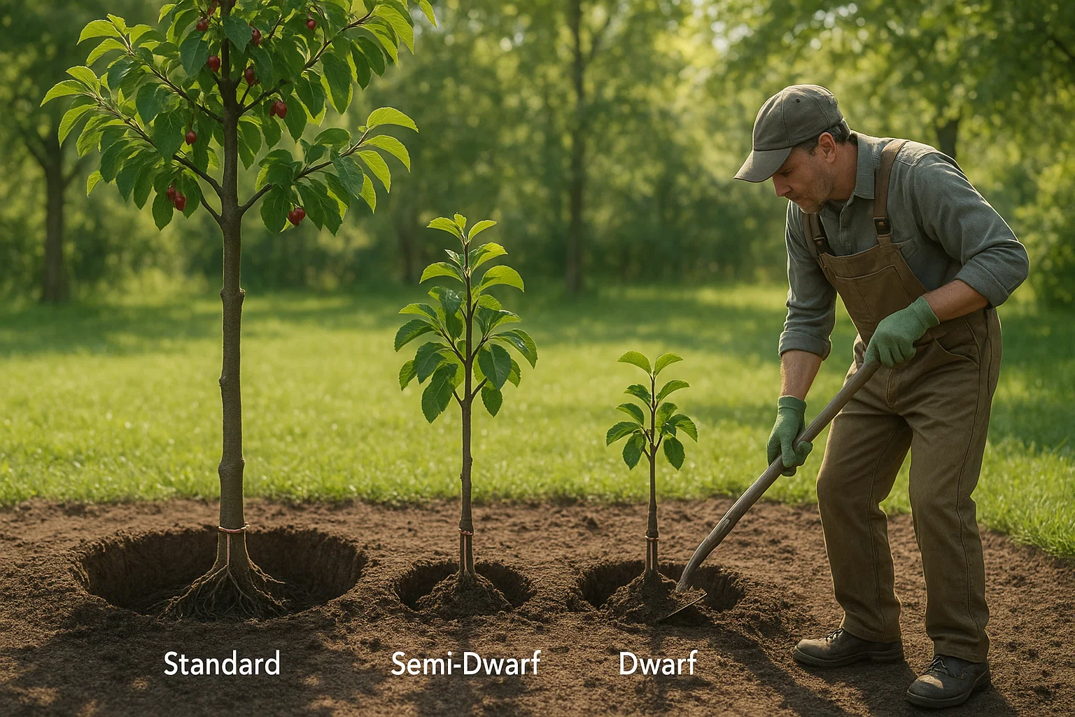 A gardener is planting three tree types: Standard, Semi-Dwarf, and Dwarf, in a grassy area with freshly dug soil.