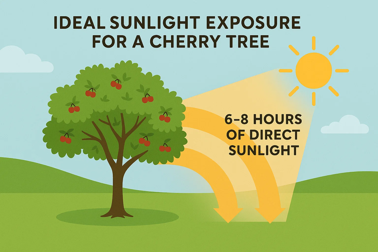 Illustration of a cherry tree with fruit, highlighting the need for 6-8 hours of direct sunlight for optimal growth.