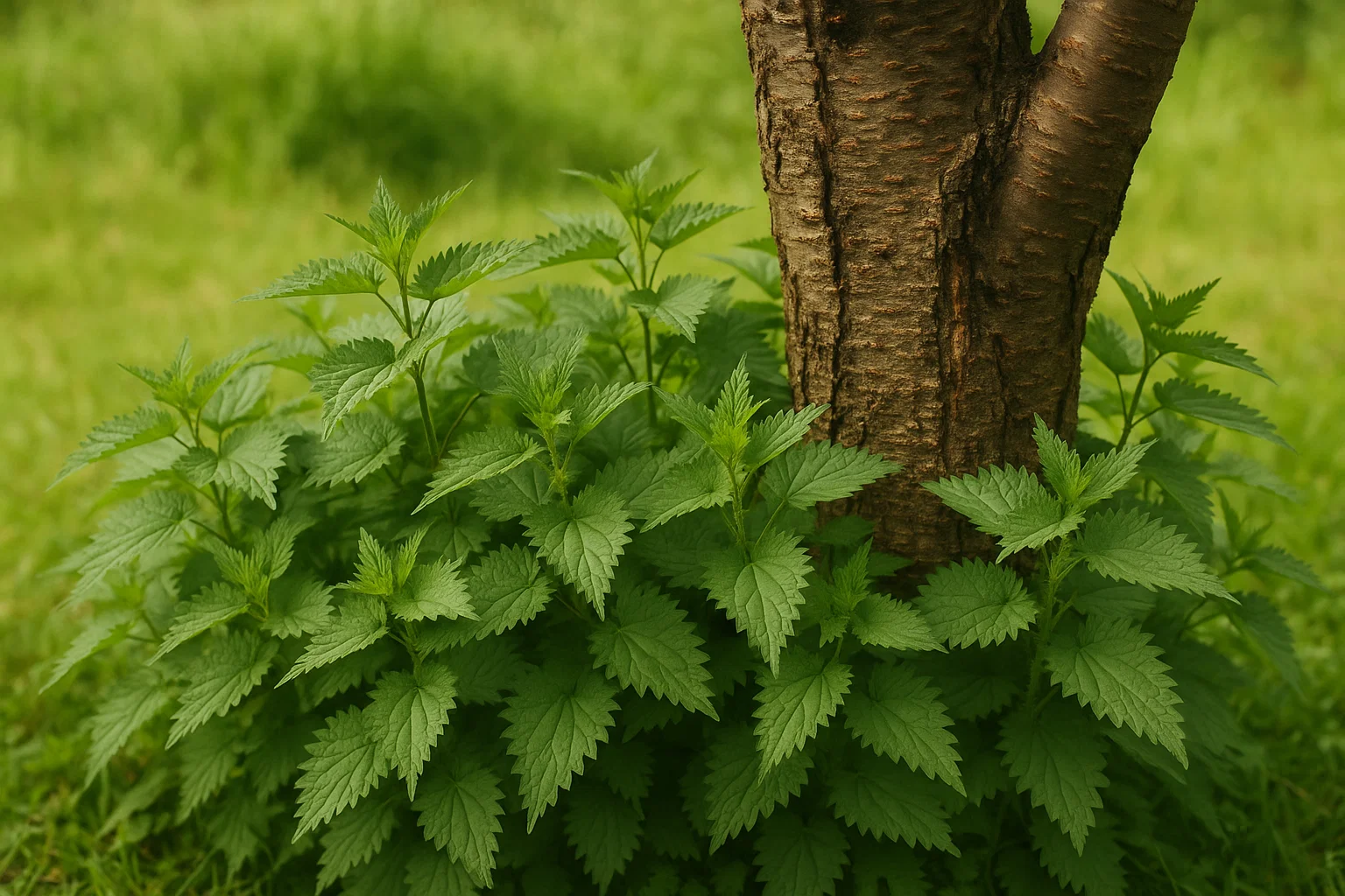 A cluster of vibrant green stinging nettles growing around the trunk of a tree, set against a blurred grassy background.