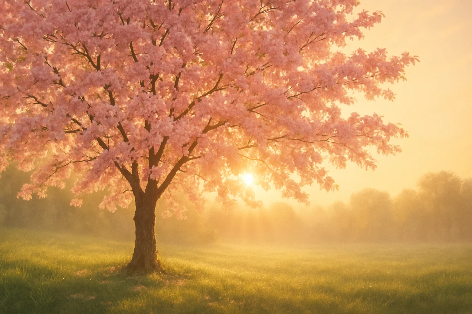 A vibrant pink cherry blossom tree stands in a sunlit meadow, surrounded by a misty landscape at dawn.