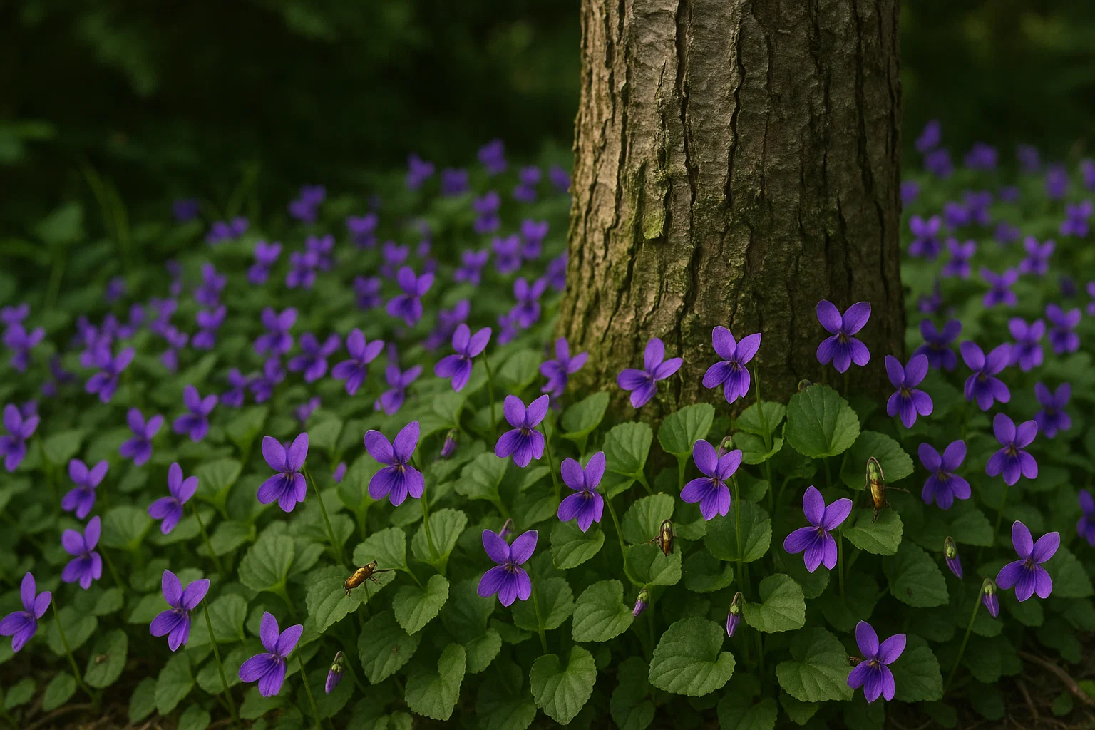 A cluster of vibrant purple violets surrounds the base of a tree, creating a colorful contrast against the green foliage.