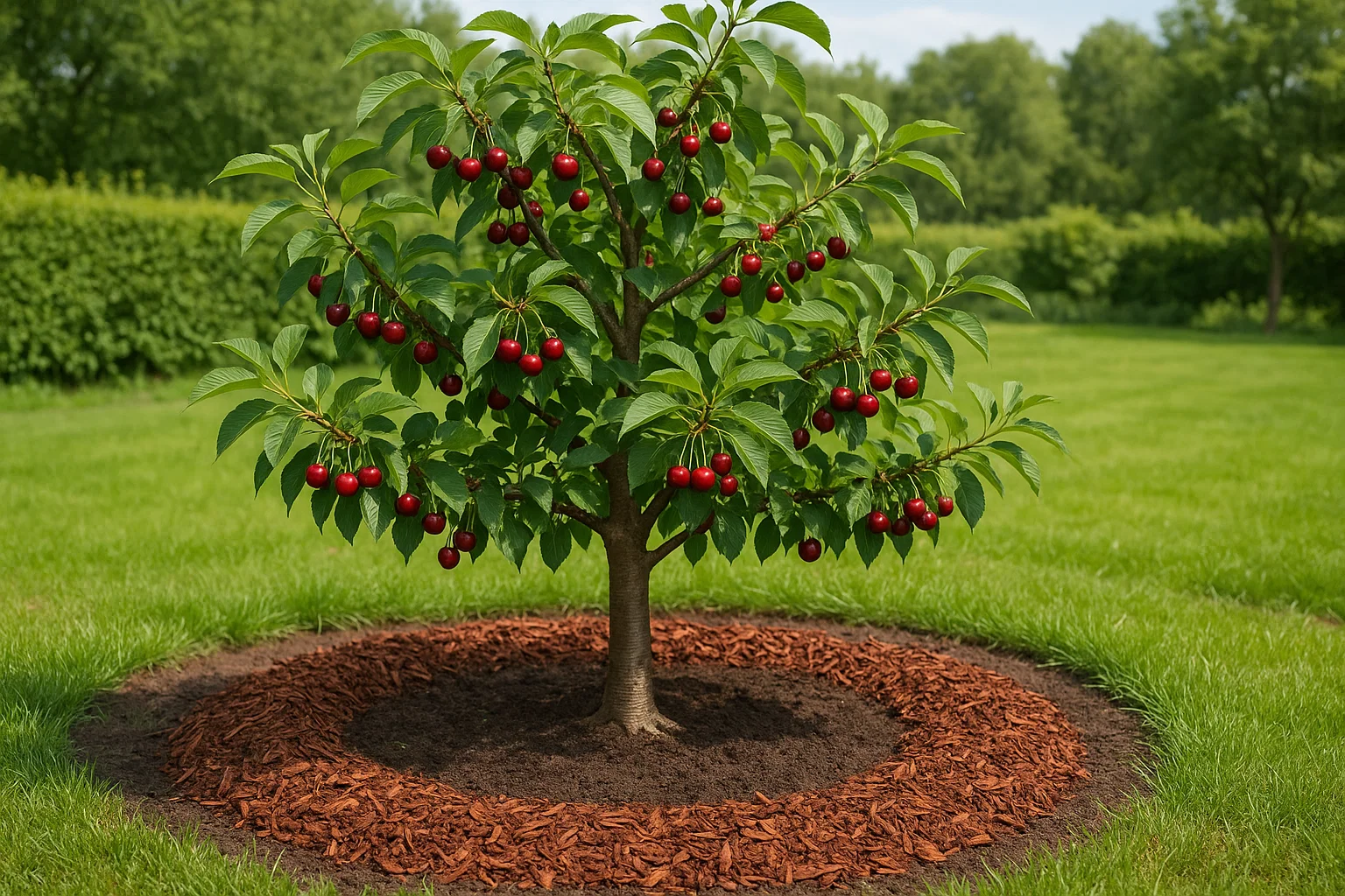 A vibrant cherry tree laden with ripe red cherries, surrounded by a circular mulch bed on green grass under a clear blue sky.