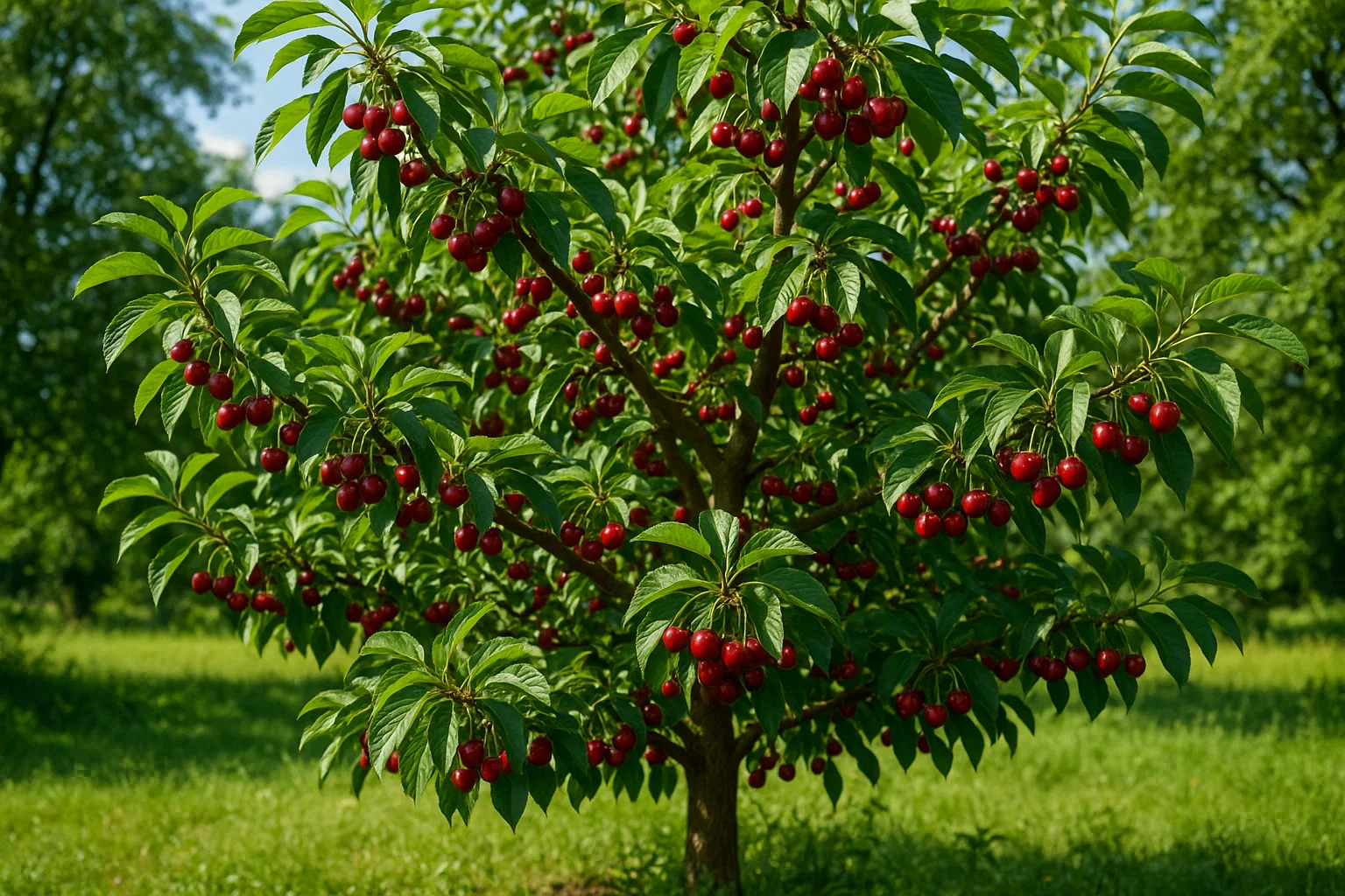 A vibrant cherry tree laden with bright red cherries, surrounded by lush green leaves, set against a sunny green field.