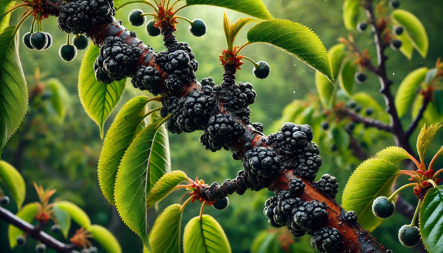 A close-up of a cherry tree branch covered in dark, textured growths, alongside green leaves and unripe cherries glistening with moisture.