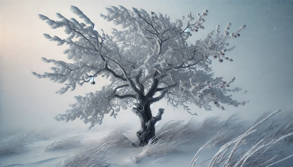 A lone, snow-covered tree stands amidst frosted grasses in a serene, wintry landscape, shrouded in a soft, misty atmosphere.