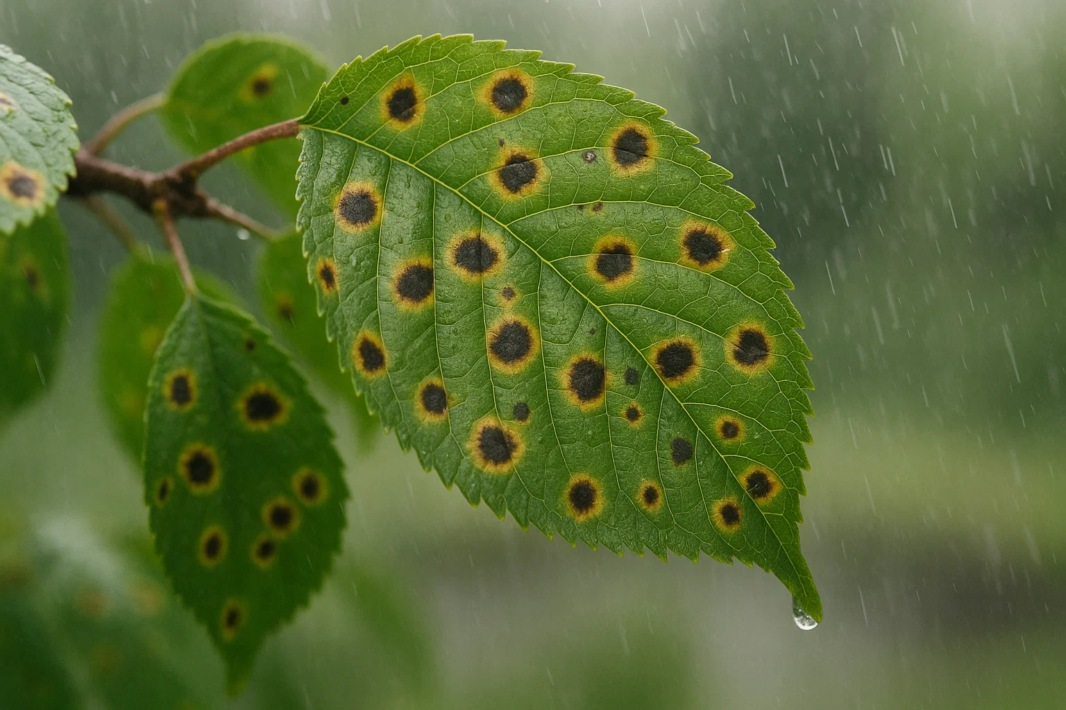 Close-up of a green leaf with yellow and black spots, glistening with raindrops against a softly blurred green background.