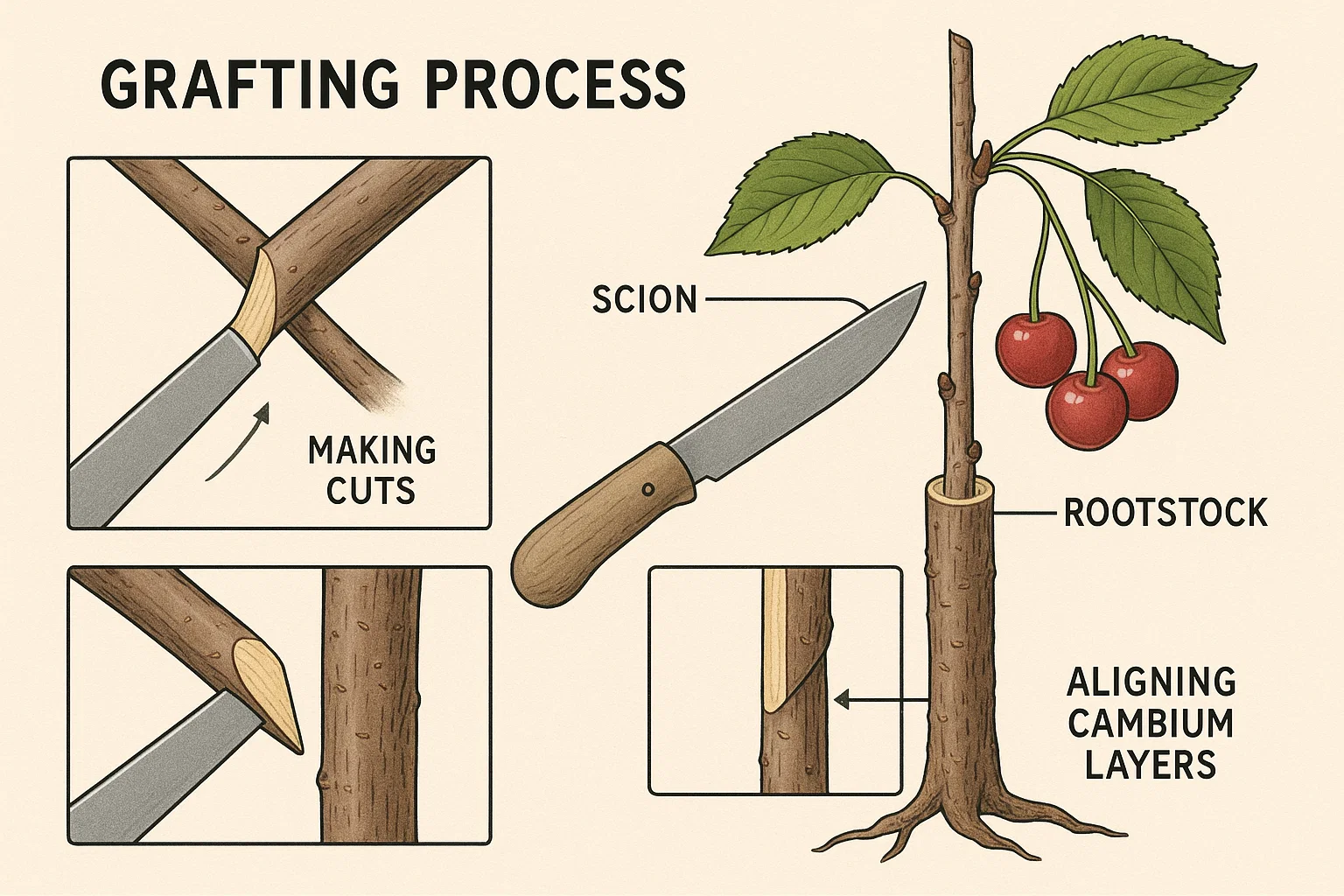 An illustrated guide to the grafting process showing scion and rootstock, cut techniques, and aligning cambium layers.