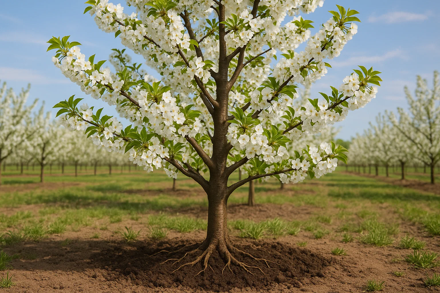 A blooming fruit tree stands prominently with white flowers, surrounded by a lush orchard under a clear blue sky.