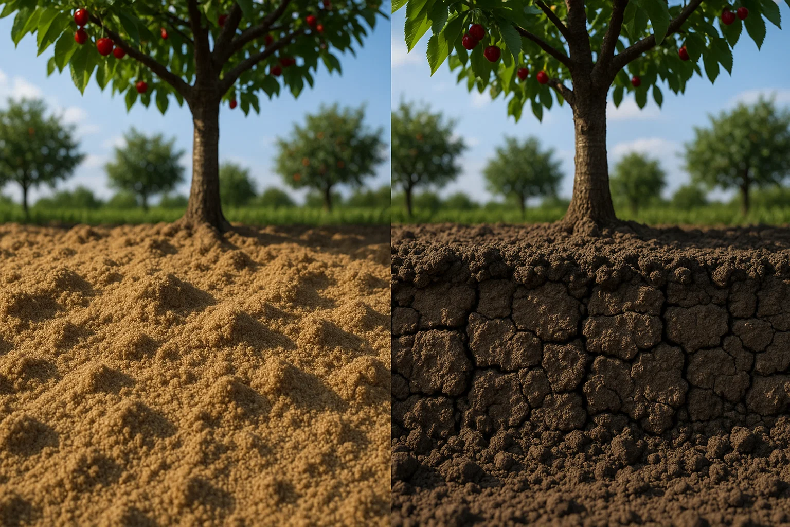 A tree with cherries stands on soil, split in two: sandy texture on the left and dry, cracked earth on the right, illustrating soil types.