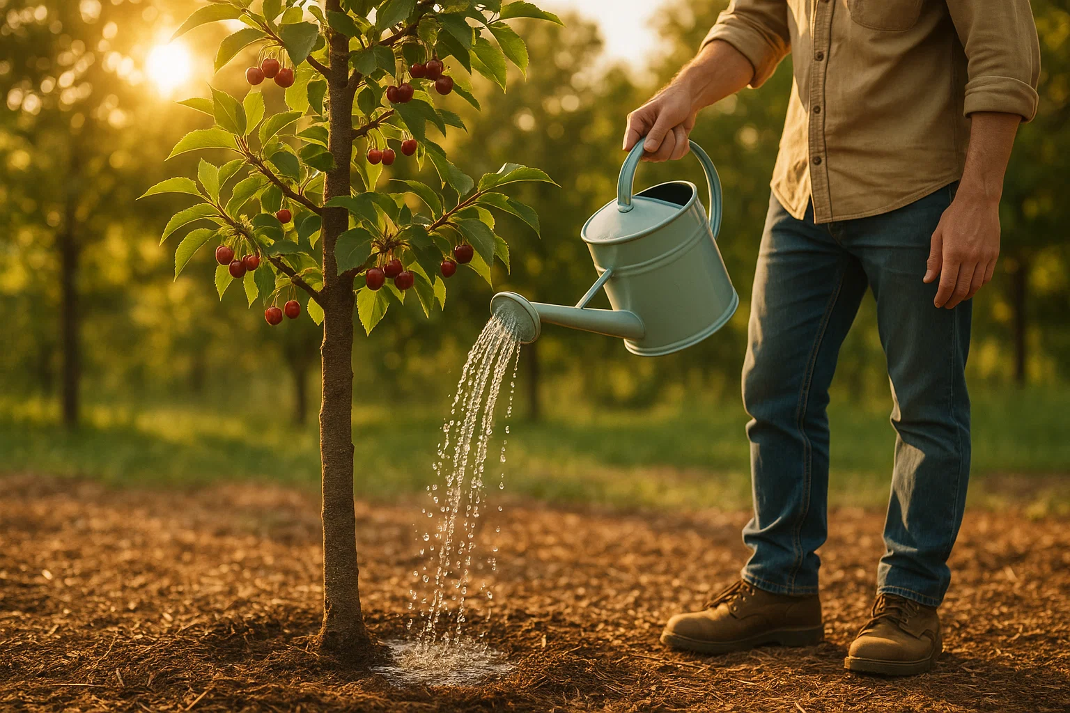A person waters a cherry tree with a green watering can, sunlight filtering through the orchard in the background, creating a warm glow.