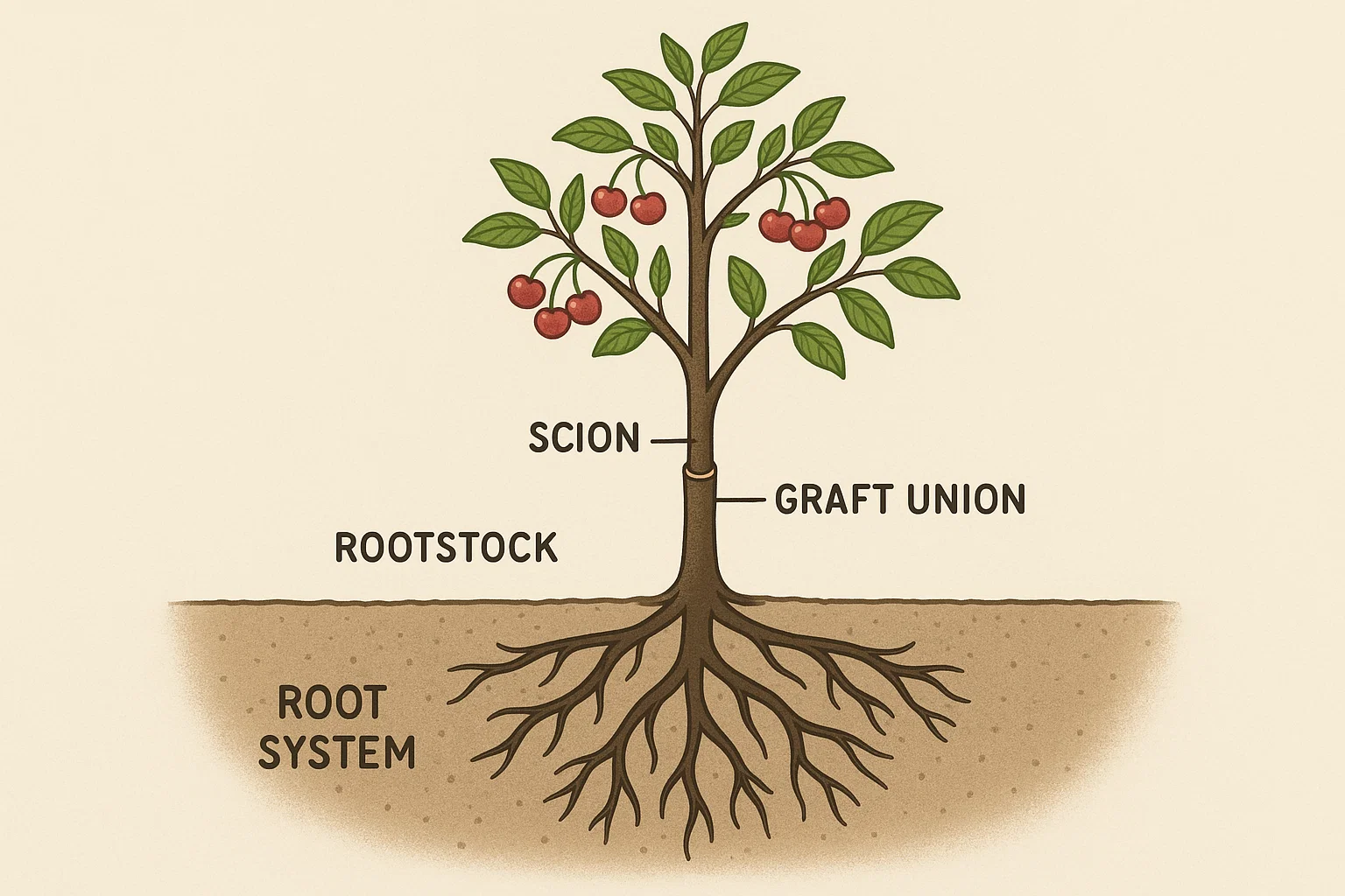 Illustration of a tree with labeled parts: scion, graft union, rootstock, and root system, showcasing grafting concepts.
