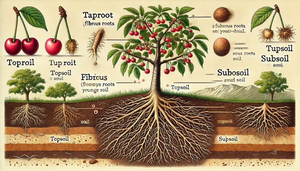 Illustration depicting a tree with cherries, showcasing various root systems: taproot, fibrous, and layers of topsoil, subsoil, and more.
