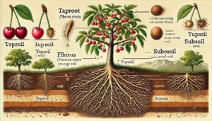 Illustration depicting a tree with cherries, showcasing various root systems: taproot, fibrous, and layers of topsoil, subsoil, and more.