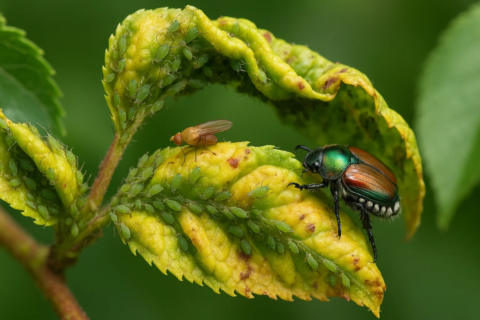 A vibrant green beetle and a small fly on curled, yellowed leaves covered in green aphids, set against a blurred green background.