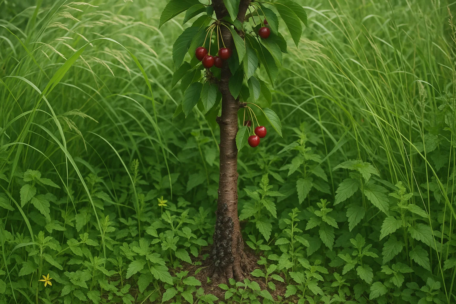 A cherry tree with ripe, red cherries hangs among lush green grass and foliage, showcasing vibrant nature.
