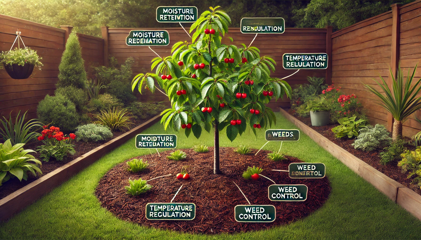 A lush garden with a cherry tree labeled for moisture retention, temperature regulation, and weed control, amidst vibrant plants and flowers.