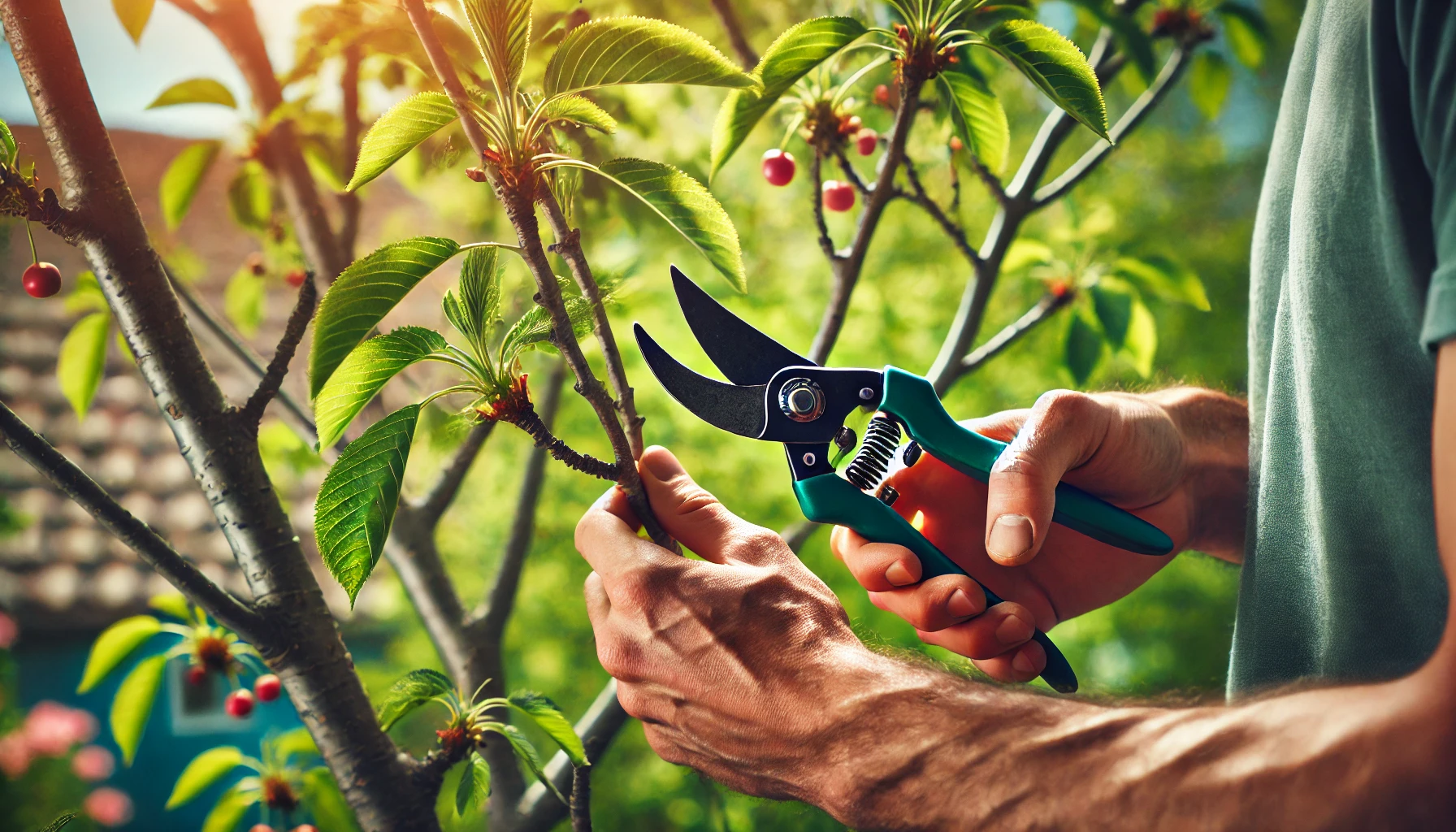 A person pruning a cherry tree with green-handled pruners, surrounded by vibrant leaves and budding cherries in sunlight.