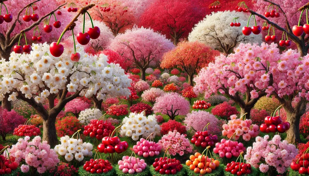 A colorful landscape filled with cherry blossom trees and vibrant cherry clusters, featuring shades of pink, white, and red flowers.