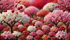 A colorful landscape filled with cherry blossom trees and vibrant cherry clusters, featuring shades of pink, white, and red flowers.
