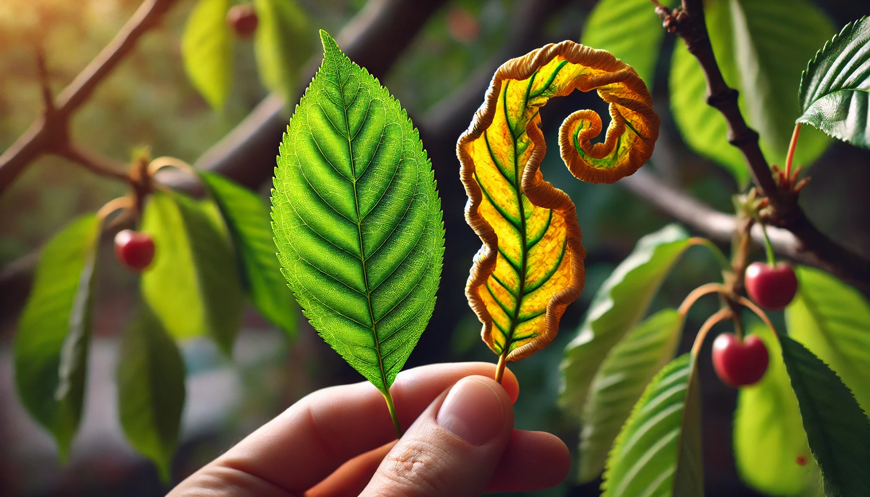 A hand holds two contrasting leaves: a vibrant green and an intricate, curled, and browning leaf, showcasing nature's diversity.