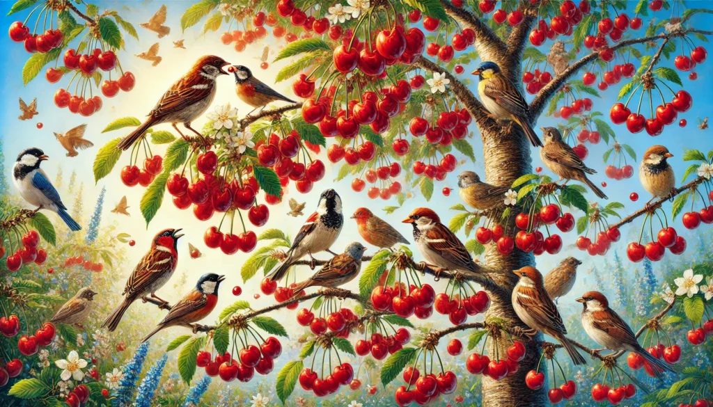 A vibrant scene depicting various birds gathering cherries on a lush tree, surrounded by blossoms and a serene background.