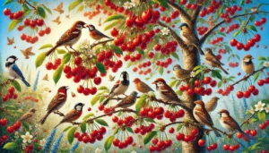 A vibrant scene depicting various birds gathering cherries on a lush tree, surrounded by blossoms and a serene background.