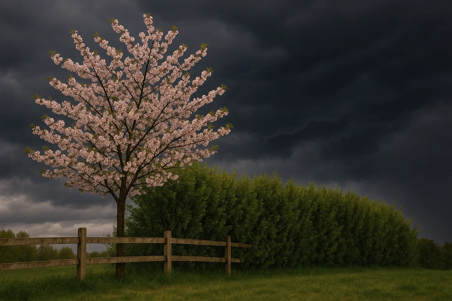 A blooming pink tree stands against dark, stormy skies, surrounded by lush greenery and a wooden fence in a tranquil field.