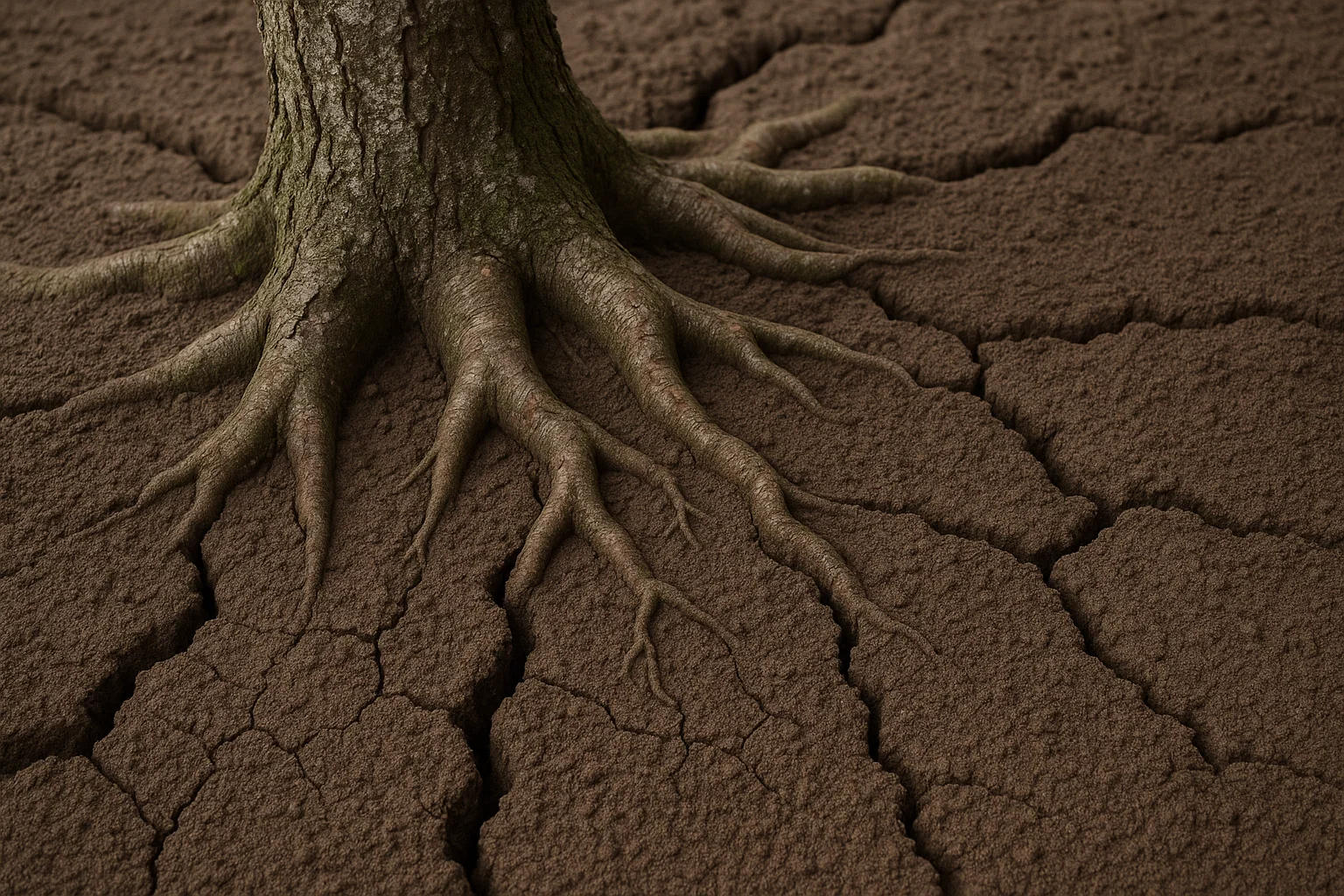 A close-up of a tree trunk with sprawling roots, surrounded by dry, cracked brown soil, highlighting drought's impact on nature.