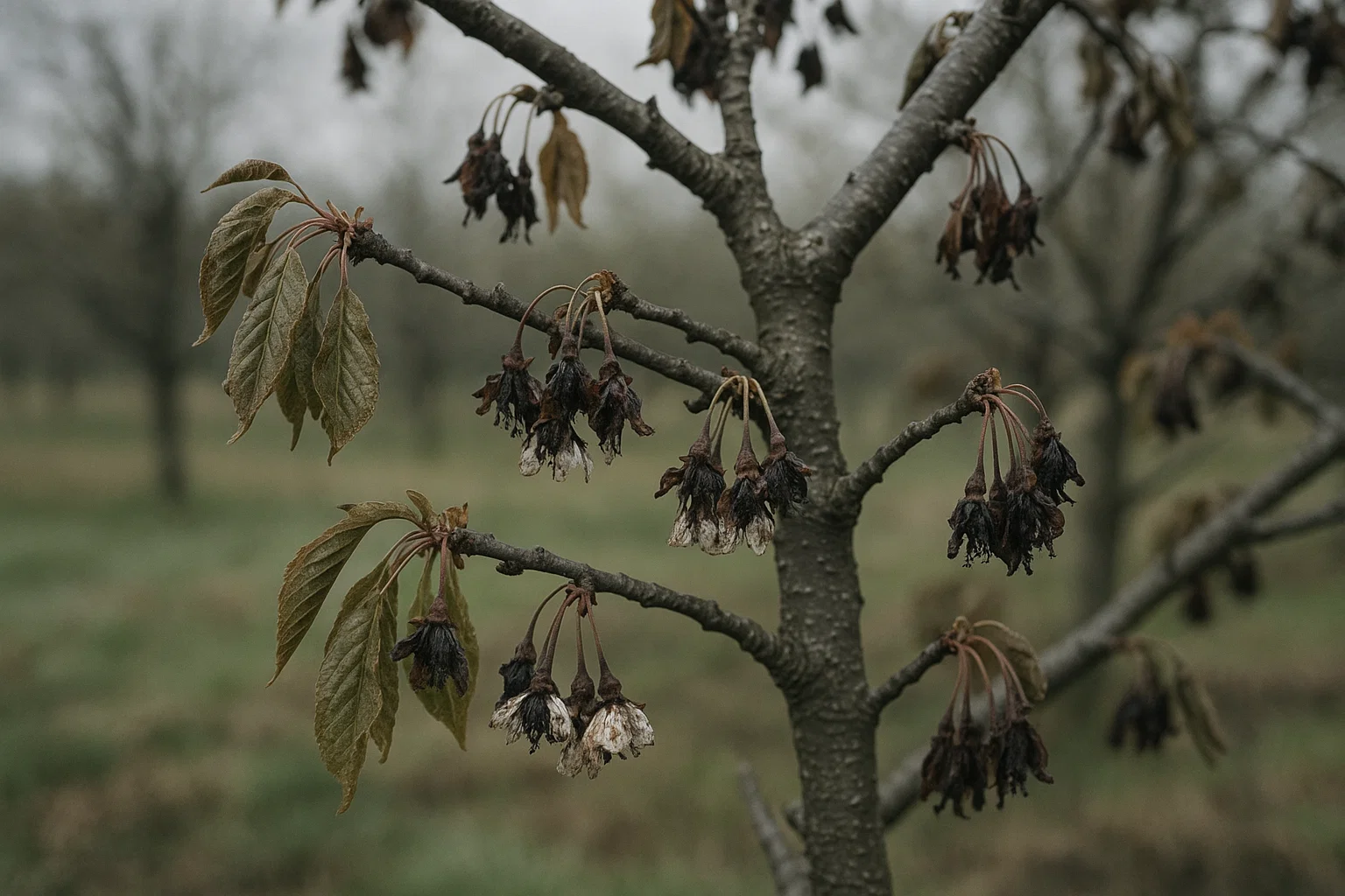 A close-up of a tree branch with wilted leaves and blackened, shriveled fruit, set against a foggy, blurred landscape.