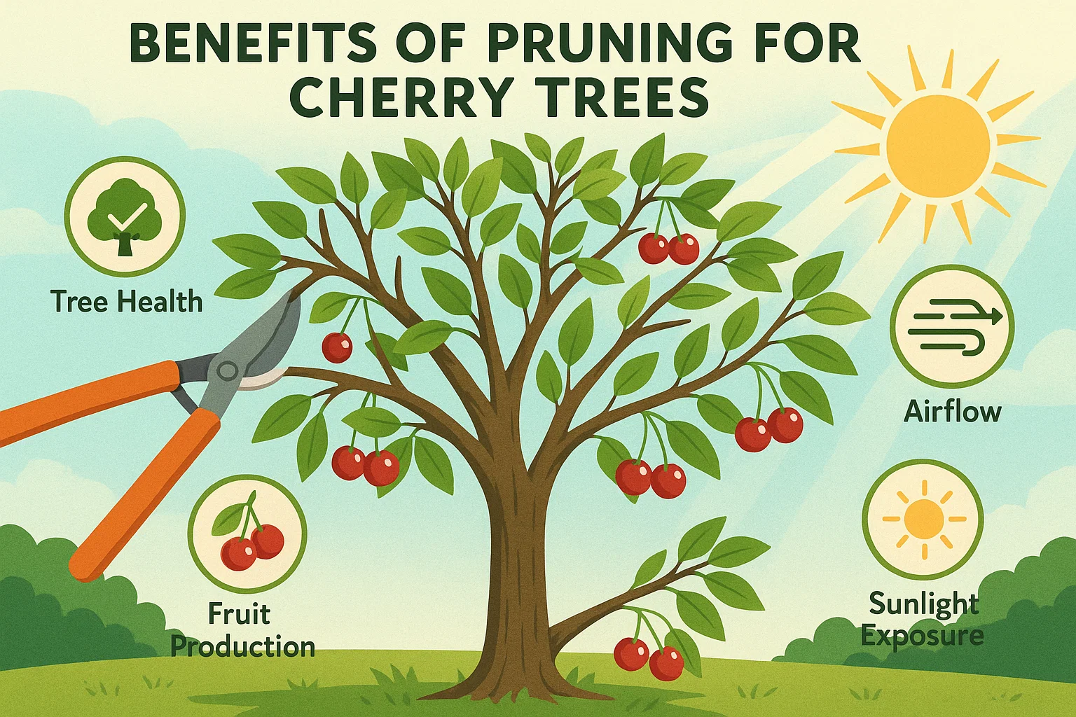 Infographic highlighting benefits of pruning cherry trees: tree health, airflow, fruit production, and sunlight exposure.