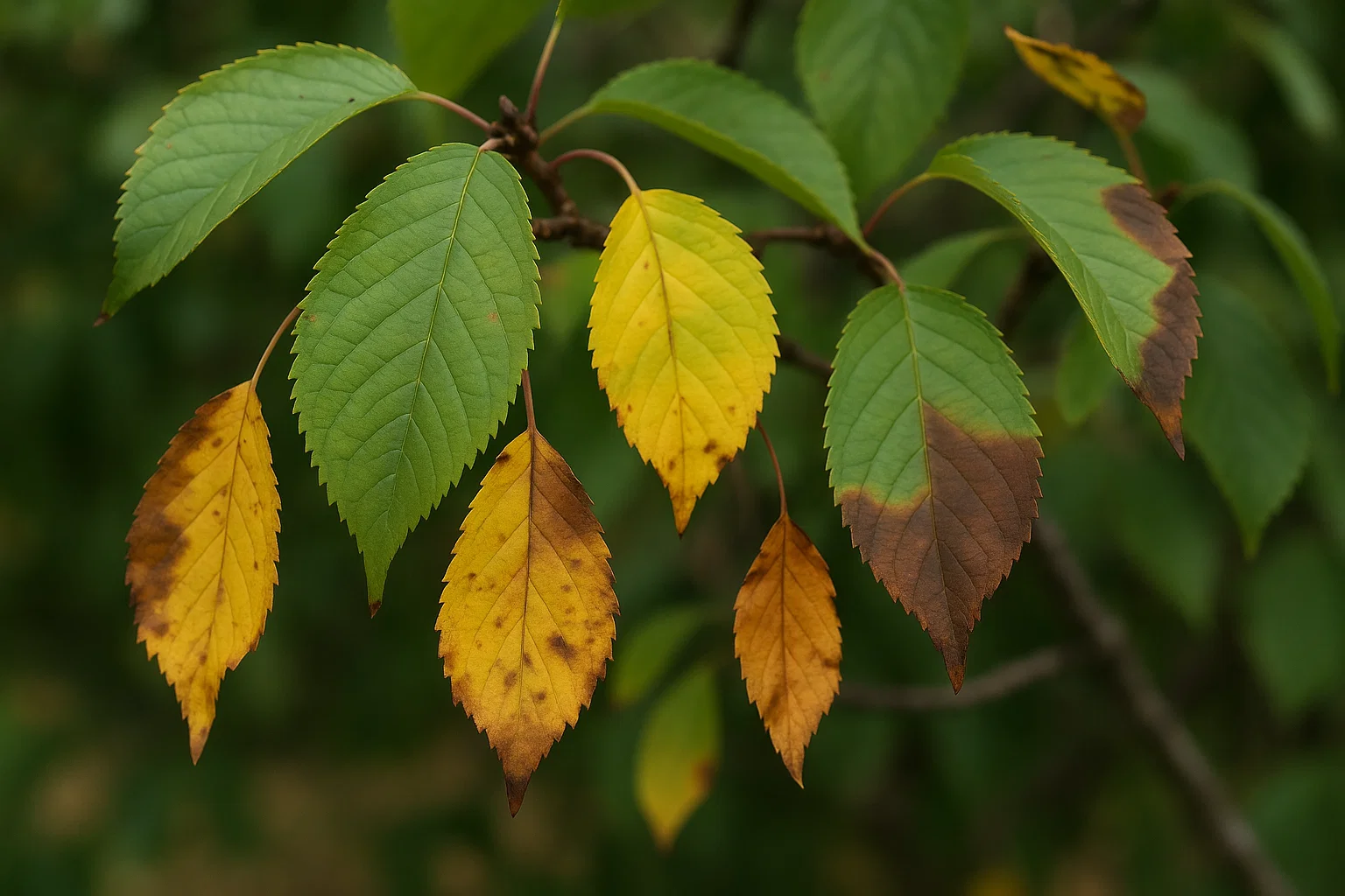 A cluster of green, yellow, and brown leaves on a branch, showcasing varying stages of autumn coloration and leaf decay.