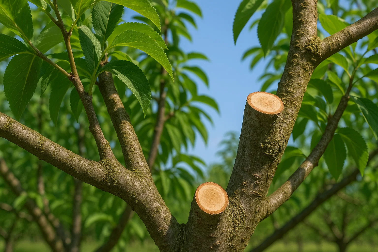 Pruned tree branches with fresh cut ends, surrounded by lush green leaves and a clear blue sky in the background.