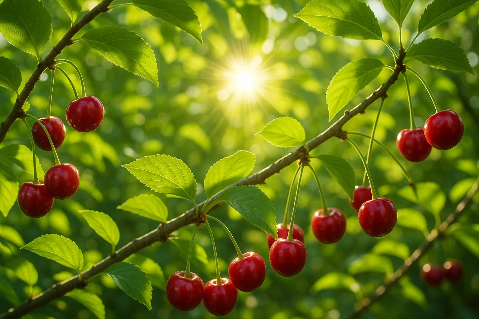 A branch laden with bright red cherries surrounded by lush green leaves, illuminated by soft sunlight filtering through.