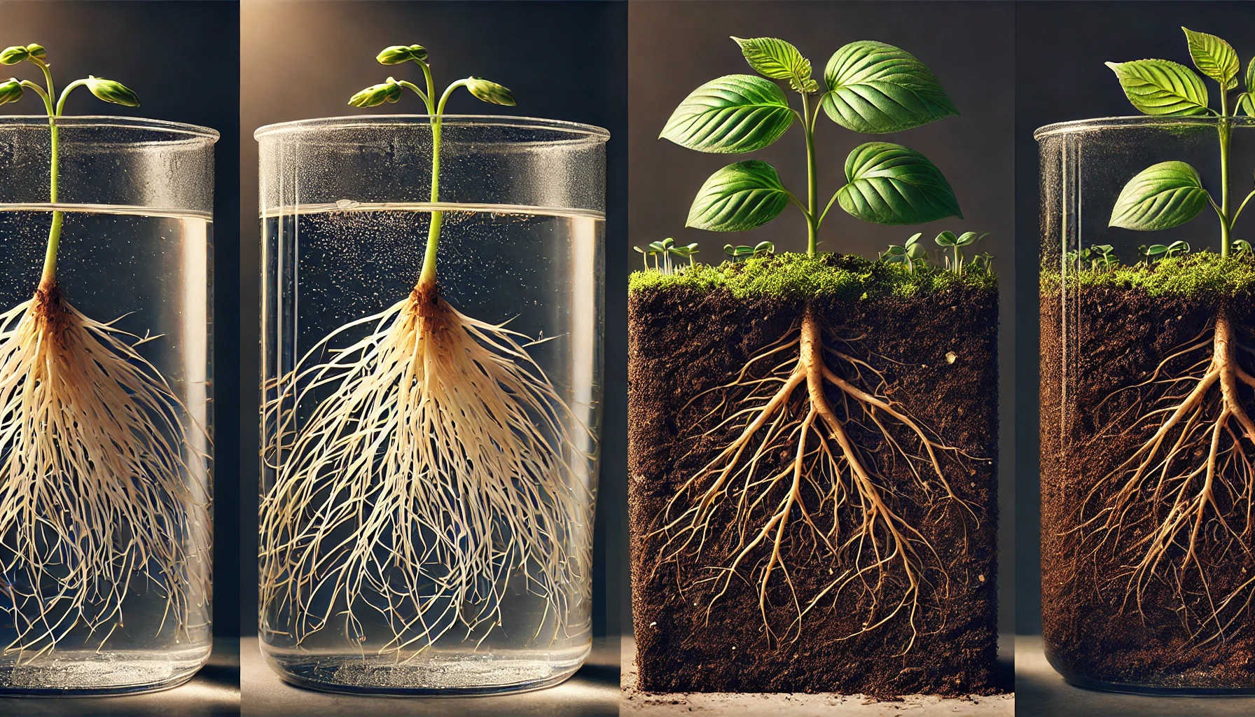 A sequence showing a seedling growing in water, developing roots, and transitioning to soil with lush green leaves and roots visible.