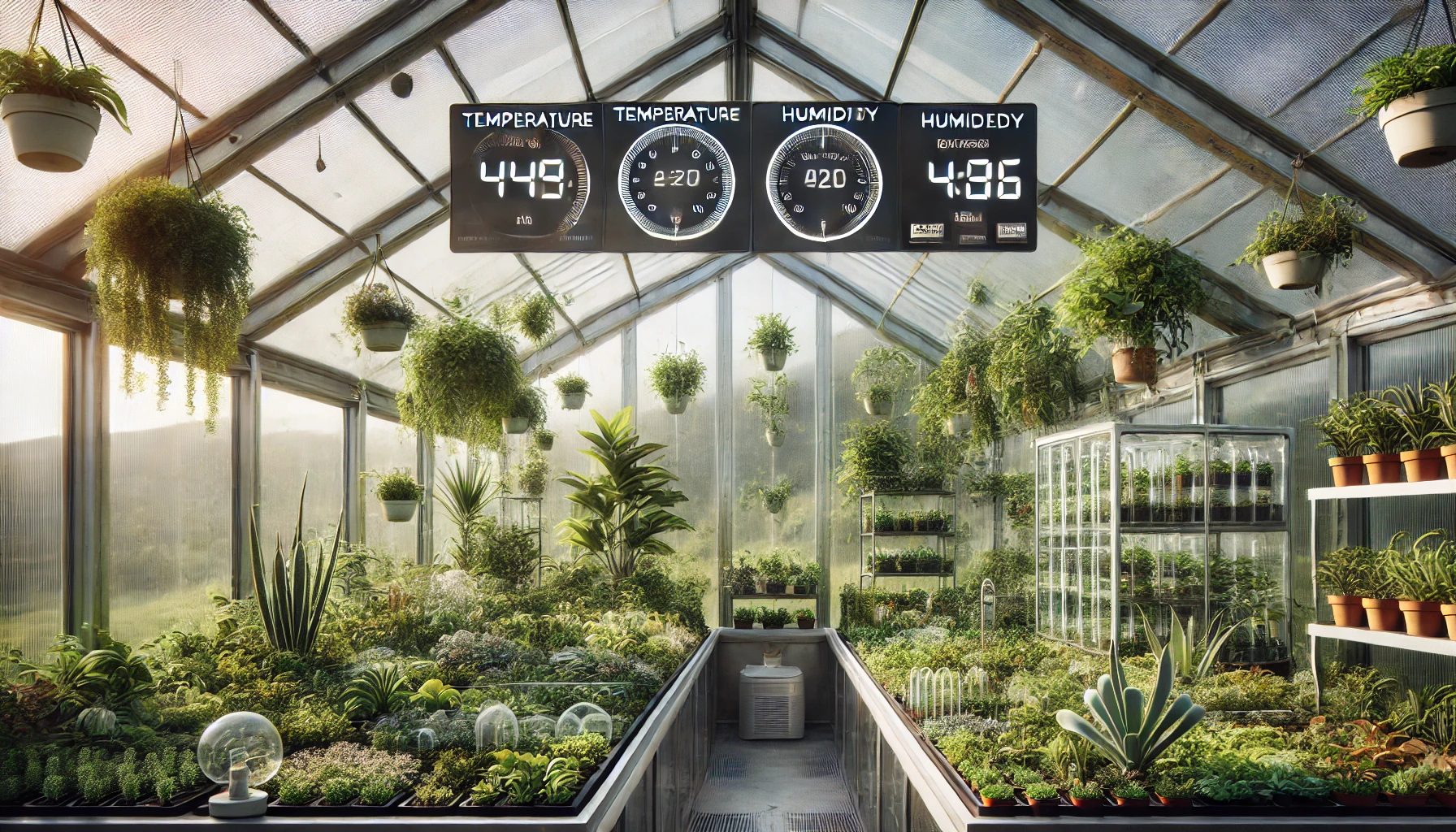 Lush greenhouse filled with various plants, displaying temperature and humidity gauges. Bright sunlight illuminates the vibrant greenery.