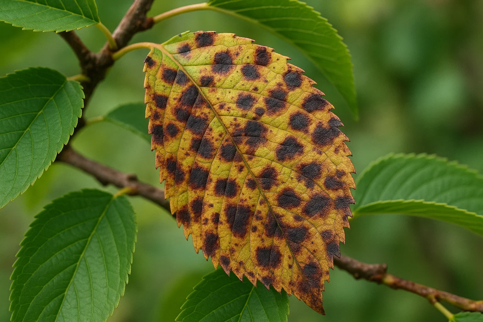 A close-up of a yellow leaf with dark brown spots atop green leaves on a branch, showcasing fall colors and leaf disease.