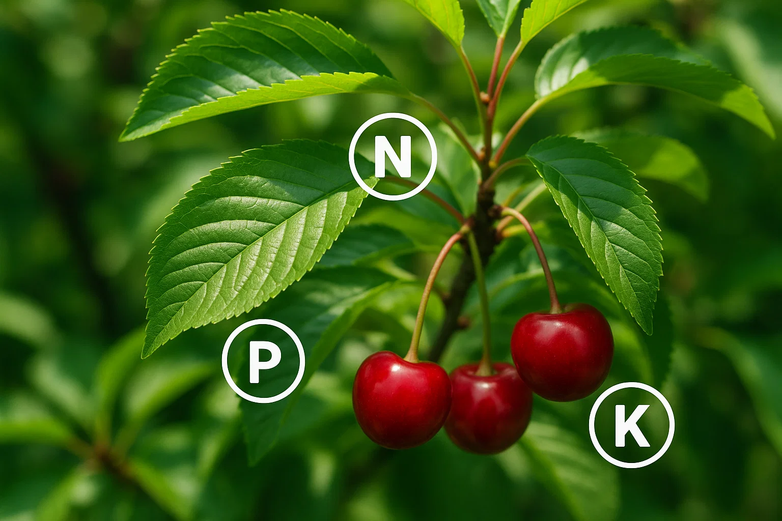 A cherry branch with three ripe red cherries and green leaves, featuring symbols for nitrogen (N), phosphorus (P), and potassium (K).