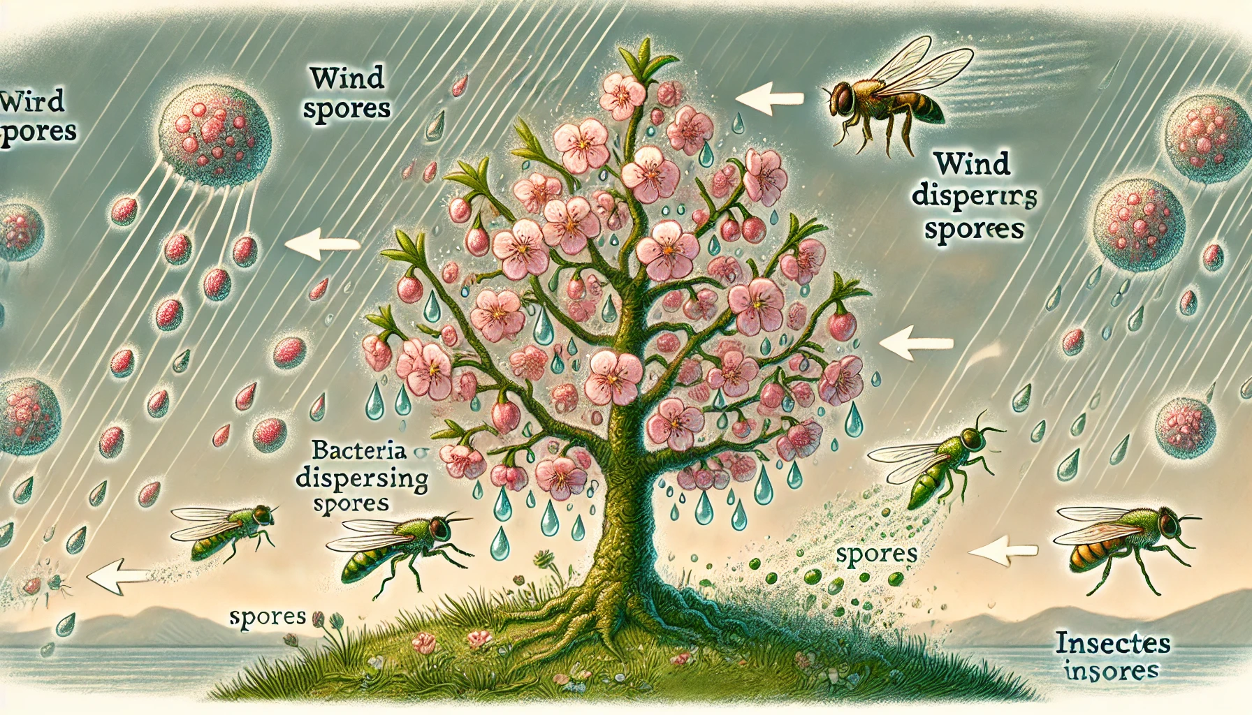 An illustrated tree with pink blossoms emits spores dispersed by wind, bacteria, and insects, with arrows indicating their movement.