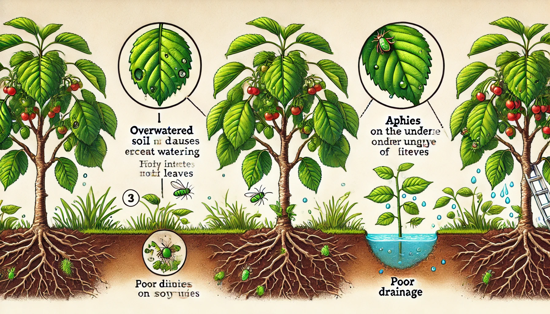Illustration depicting issues affecting a fruit tree: overwatering, aphids, and poor drainage, with labeled leaf and root conditions.