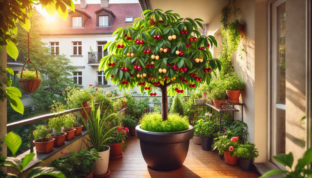 A lush balcony garden features a vibrant cherry tree in a large pot, surrounded by various potted plants, basking in warm sunlight.