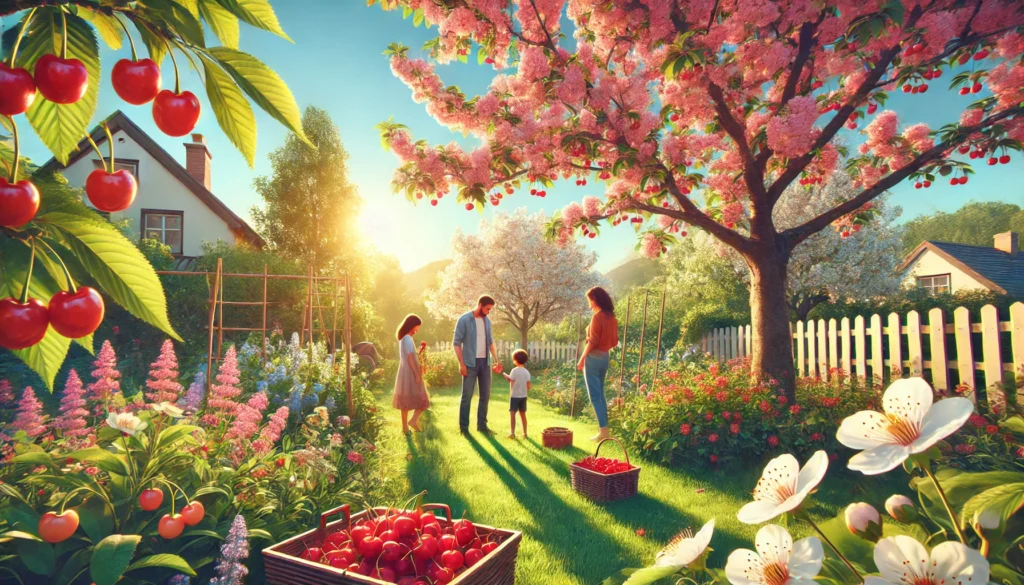 A vibrant garden scene with a family enjoying cherry picking among blooming flowers, trees, and a cozy house in the background.