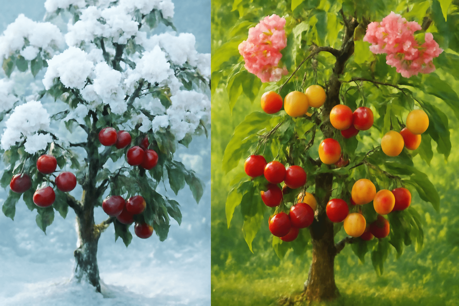 A split image of two fruit trees: one covered in snow with red apples, the other lush with colorful apples and pink flowers.