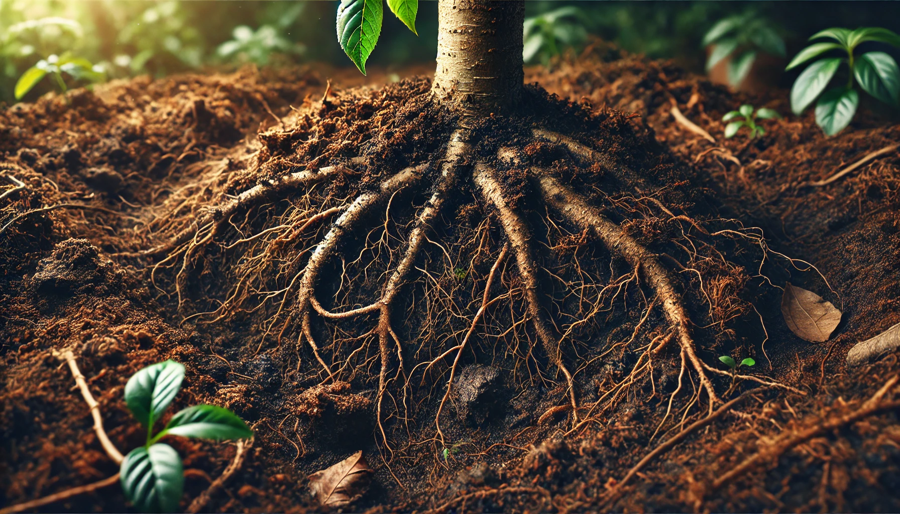 Close-up of tree roots protruding from rich, dark soil, surrounded by small green plants, showcasing the connection between earth and life.